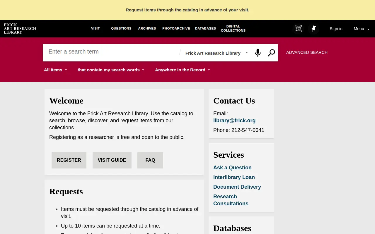 Frick Art Research Library Catalog website preview